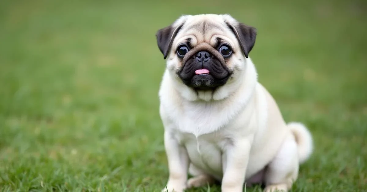 Perro pug blanco mostrando su rara coloración.