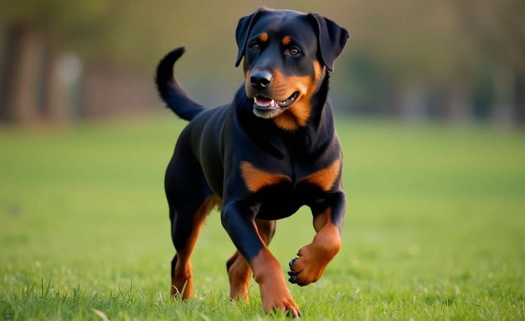 Rottweiler cachorro caminando en un parque verde rodeado de árboles y césped.