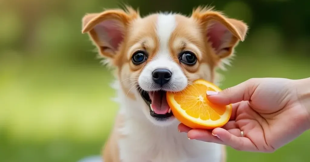 Un perrito feliz olfateando una rodaja de naranja fresca ofrecida por su dueño, los perritos pueden comer naranja