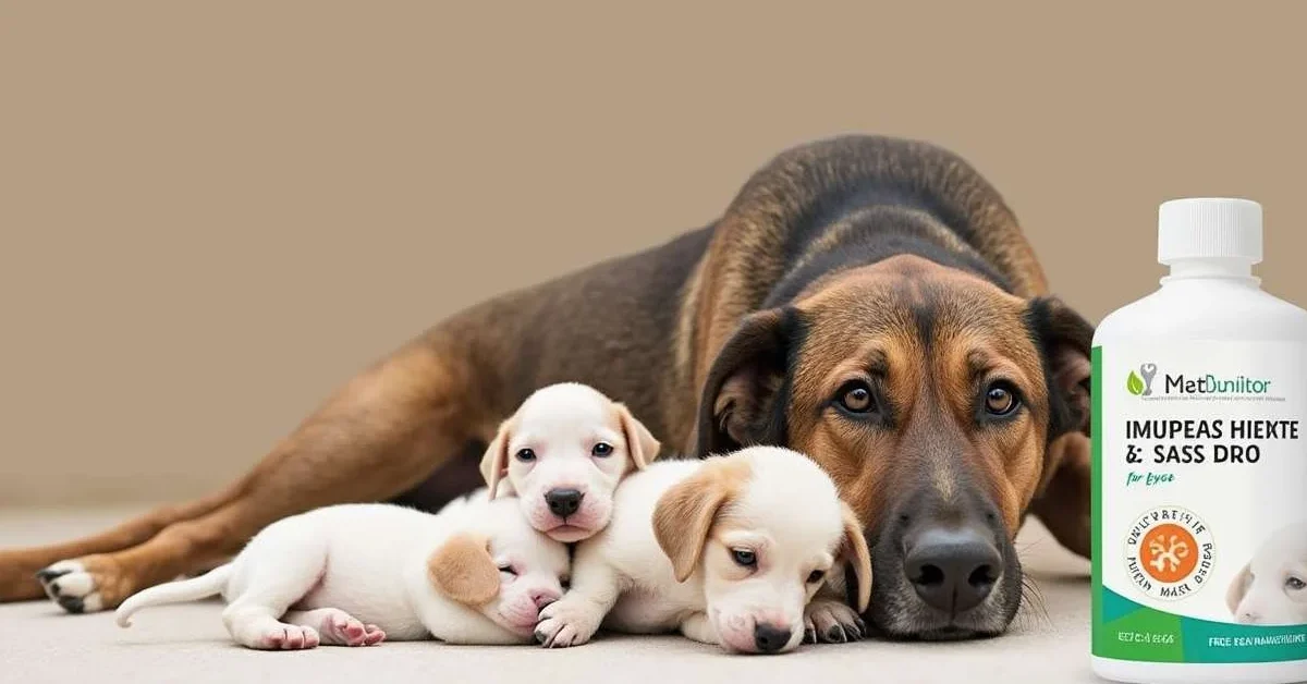 Desparasitante para perros para cachorros, mostrando una perra madre con sus cachorros.
