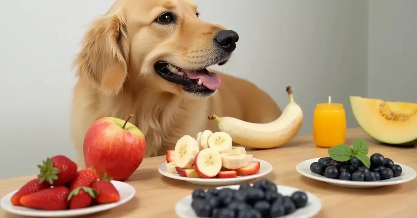 Frutas que pueden comer los perros, como manzanas, plátanos y fresas.