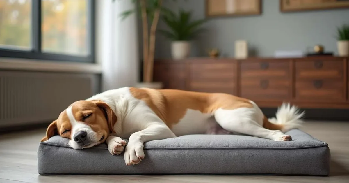 Perro descansando plácidamente en una cama ortopédica en un salón moderno.
