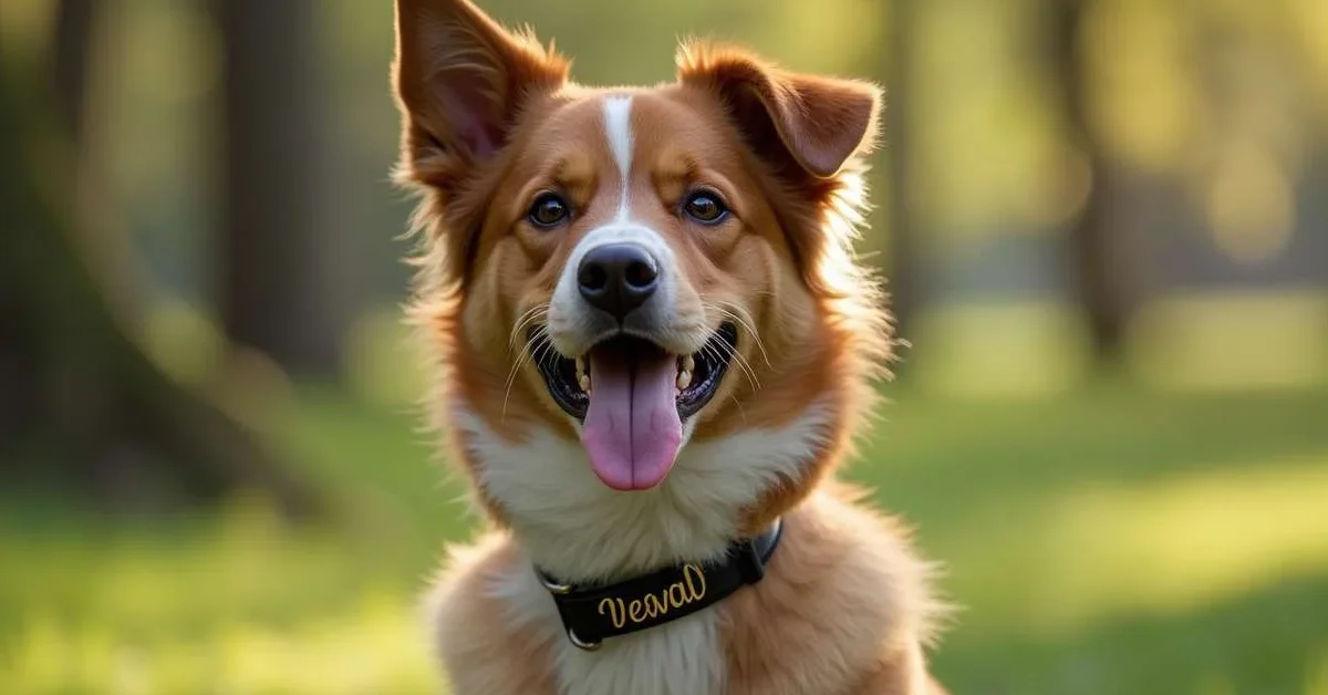 Perro macho con collar personalizado mostrando su nombre, ideal para quienes buscan inspiración en nombres de perros machos.