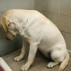 sad dog in shelter staring at wall